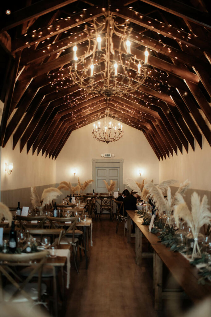 Interior of the Dougarie Boathouse set up for a wedding on the Isle of Arran